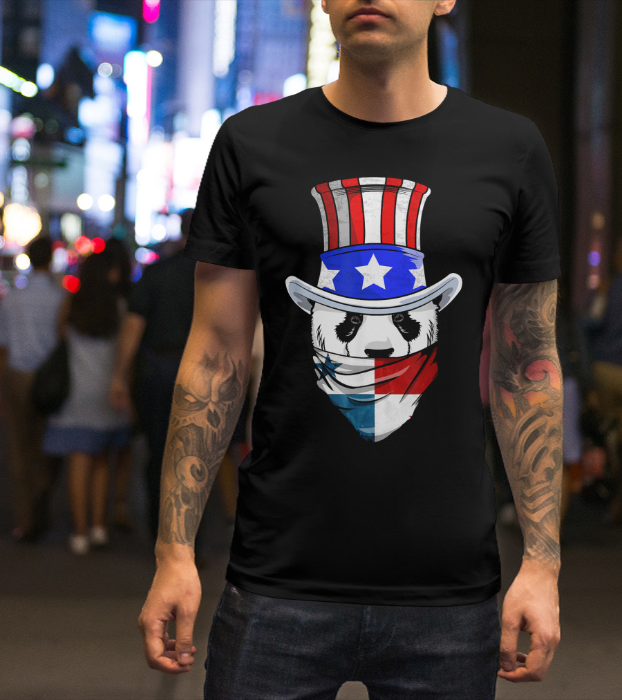 Panamanian Panda Bear In Panama Bandana With Patriotic Hat T-Shirt