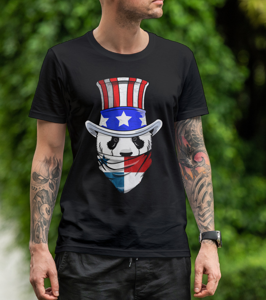 Panamanian Panda Bear In Panama Bandana With Patriotic Hat T-Shirt