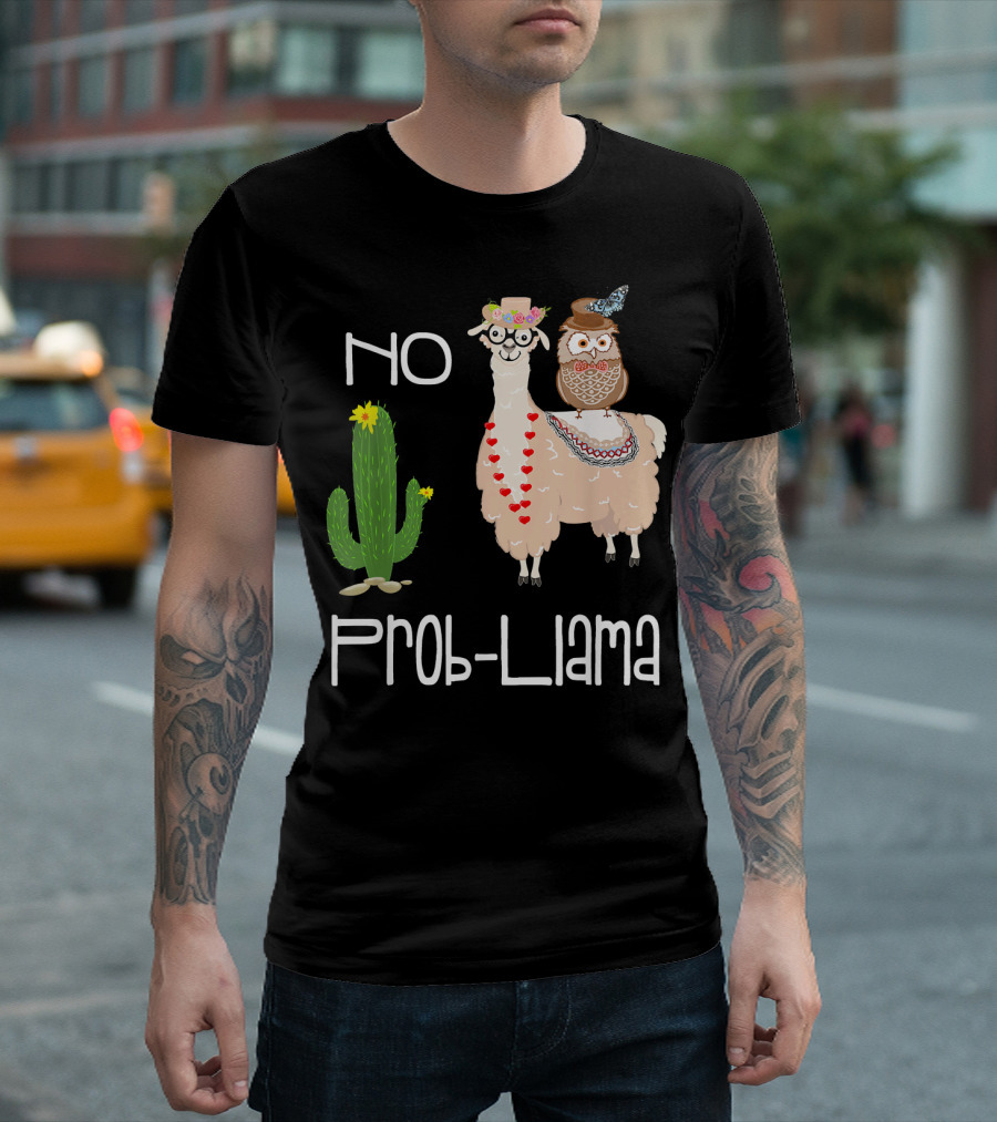 No Prob Llama Owl in Hat with Cactus and Hearts T-Shirt
