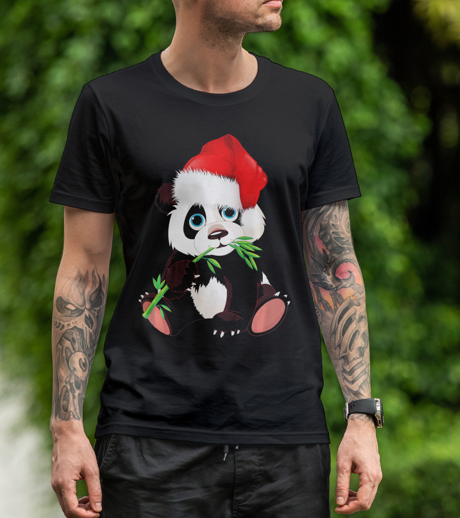 Christmas Panda In Santa Hat Eating Bamboo T-Shirt