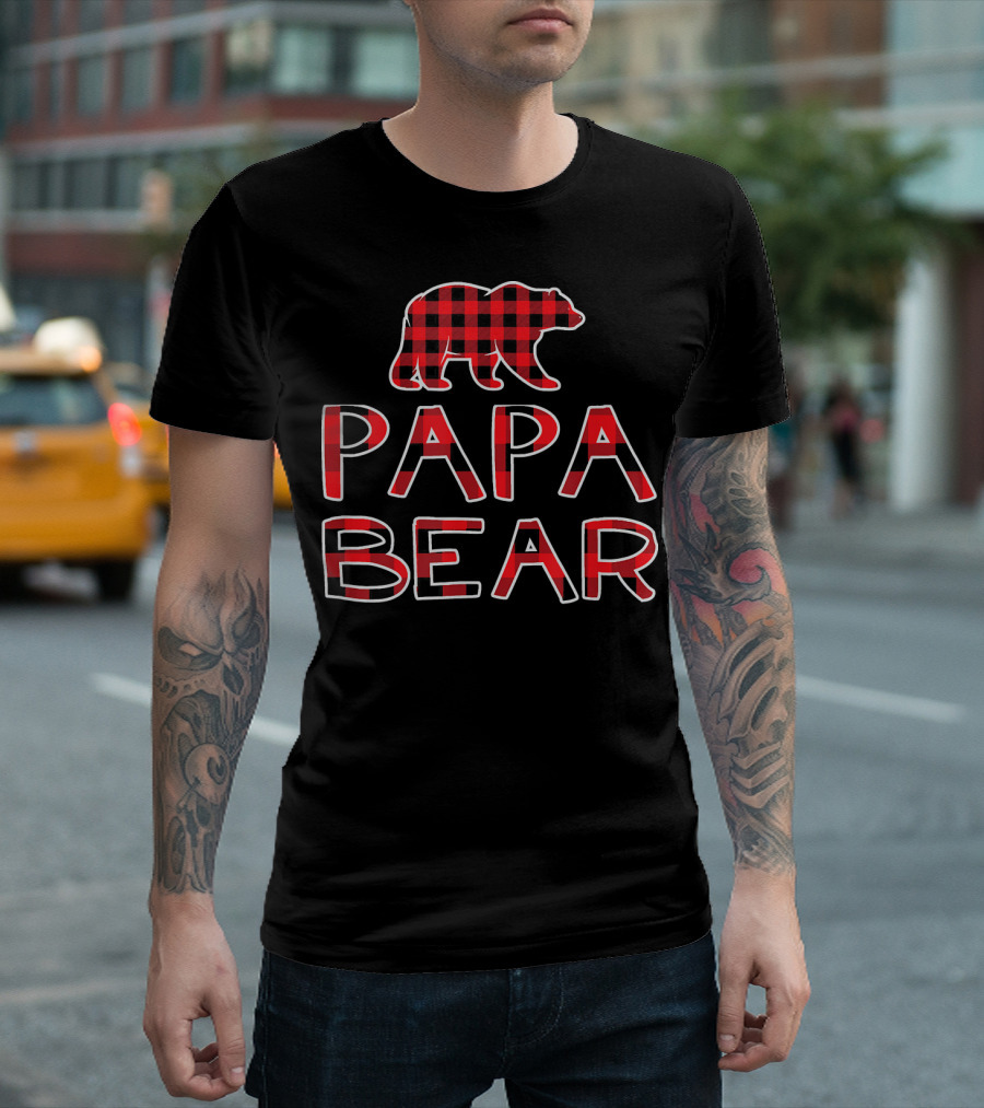 Papa Bear Red Plaid Flannel Buffalo Check Father's Day T-Shirt