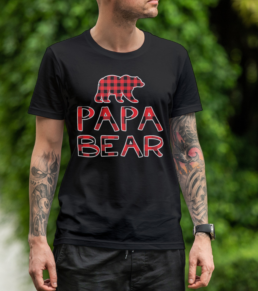 Papa Bear Red Plaid Flannel Buffalo Check Father's Day T-Shirt