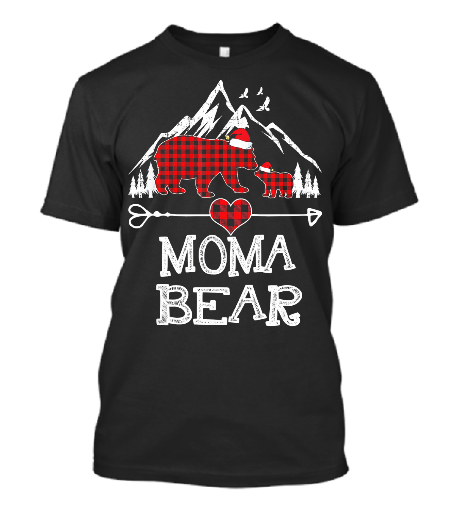 Moma Bear Christmas Red Plaid Buffalo Check Mountains T-Shirt