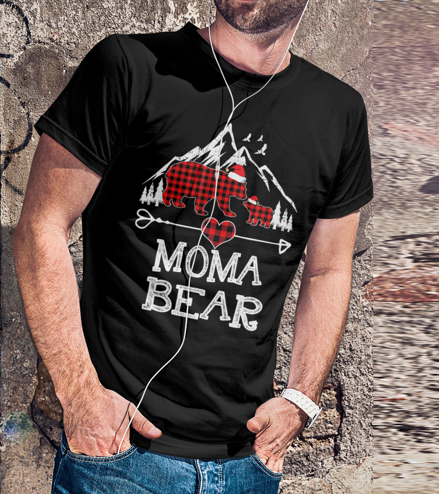 Moma Bear Christmas Red Plaid Buffalo Check Mountains T-Shirt