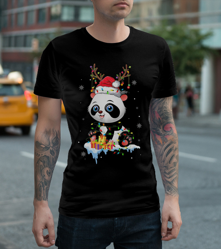Panda Christmas Reindeer Santa Hat Snowflakes Lights Presents T-Shirt