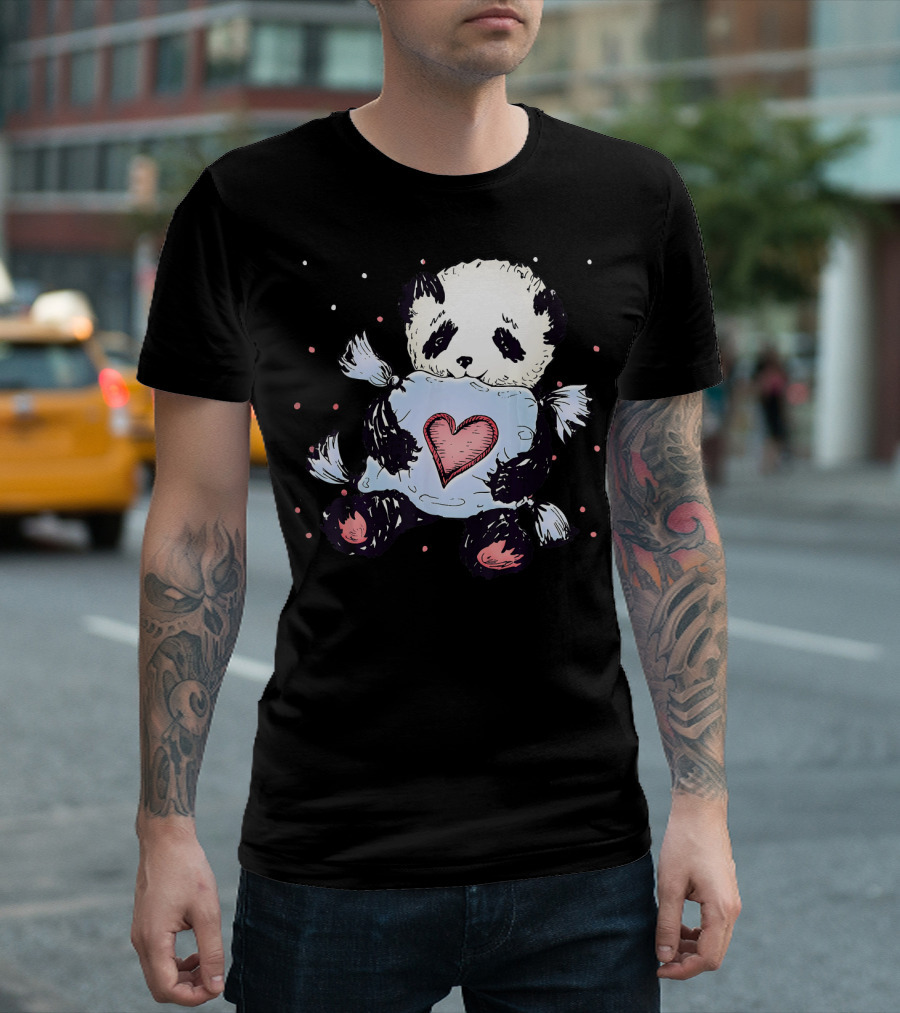 Panda Hugging Heart Pillow Valentine Love T-Shirt