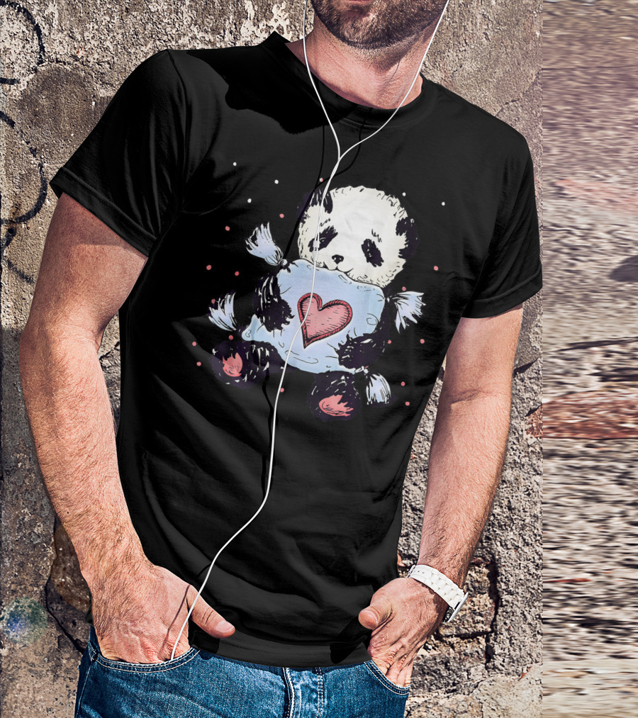 Panda Hugging Heart Pillow Valentine Love T-Shirt