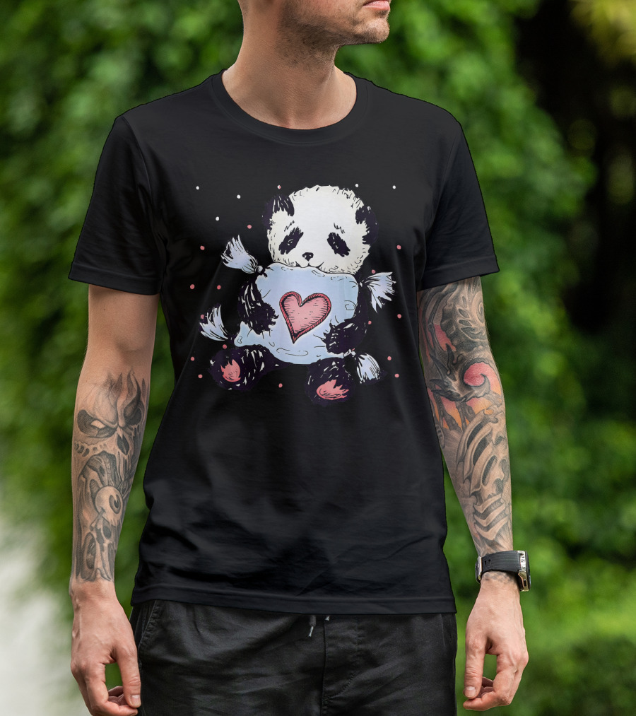 Panda Hugging Heart Pillow Valentine Love T-Shirt