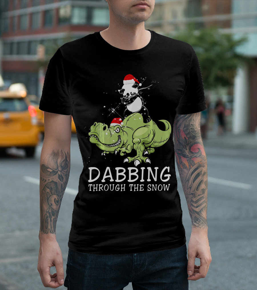Dabbing Through The Snow Panda In Santa Hat Riding Dinosaur T-Shirt