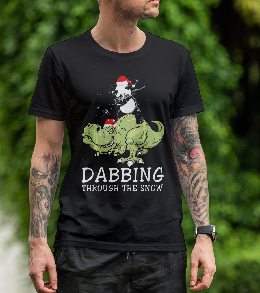 Dabbing Through The Snow Panda In Santa Hat Riding Dinosaur T-Shirt