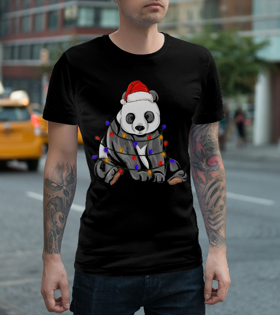 Panda Wrapped in Christmas Lights with Santa Hat Holiday T-Shirt
