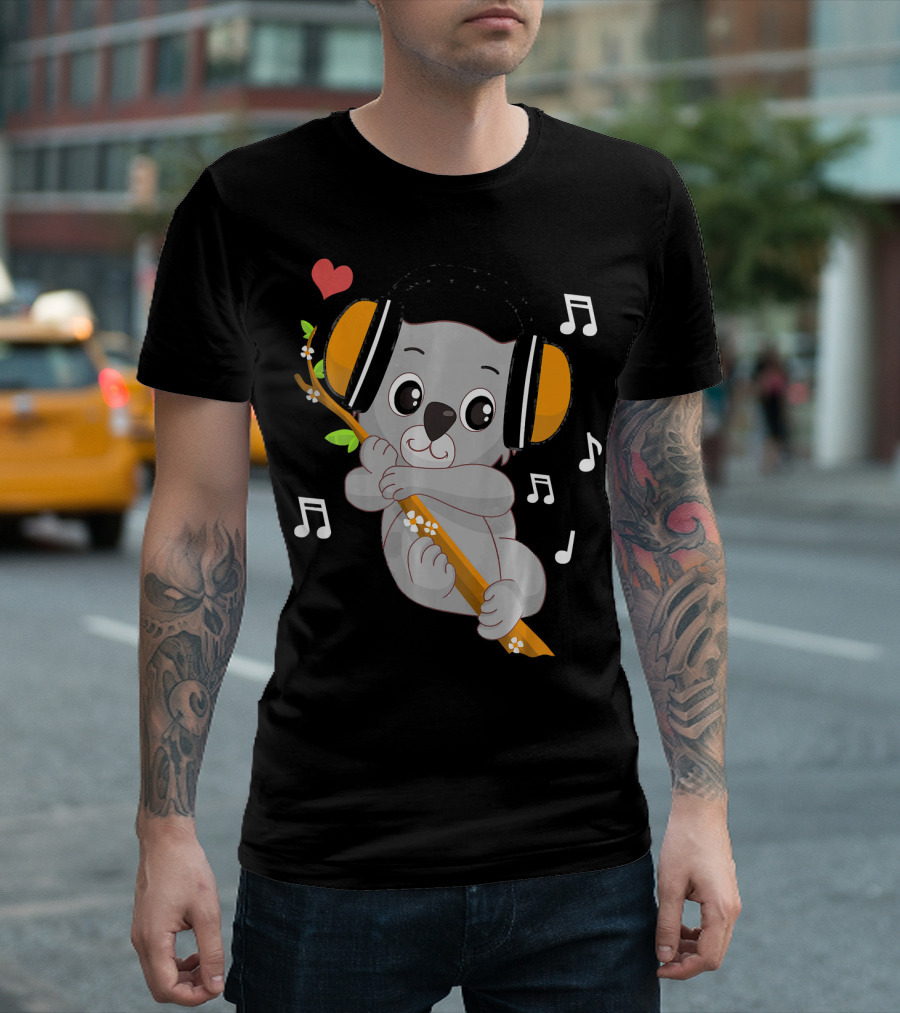 Music Lover Koala Bear With Headphones Heart And Musical Notes T-Shirt