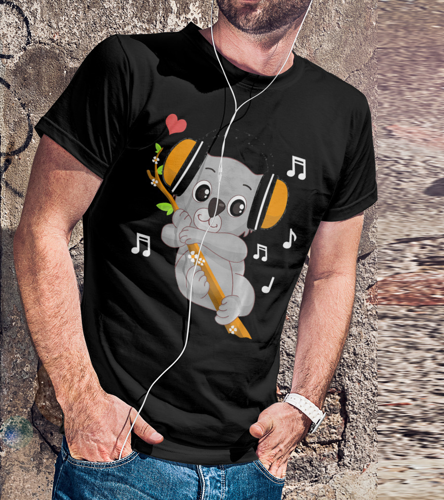 Music Lover Koala Bear With Headphones Heart And Musical Notes T-Shirt