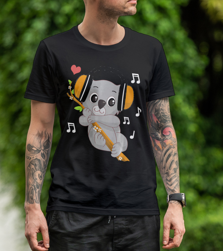 Music Lover Koala Bear With Headphones Heart And Musical Notes T-Shirt