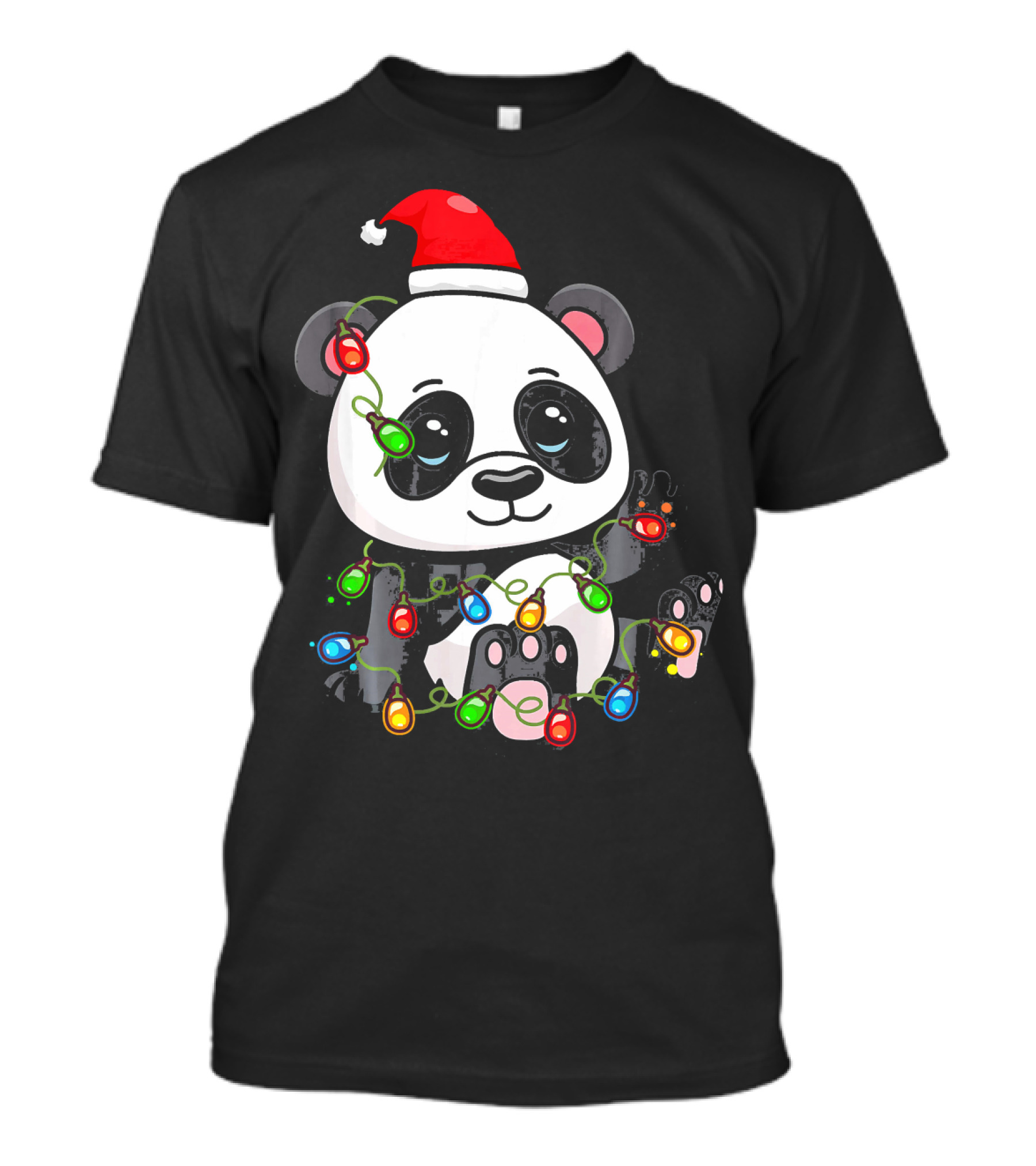 Panda Bear Santa Entangled In Christmas Lights T-Shirt