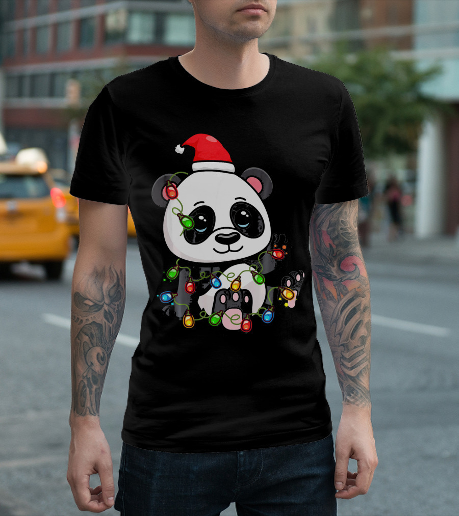 Panda Bear Santa Entangled In Christmas Lights T-Shirt