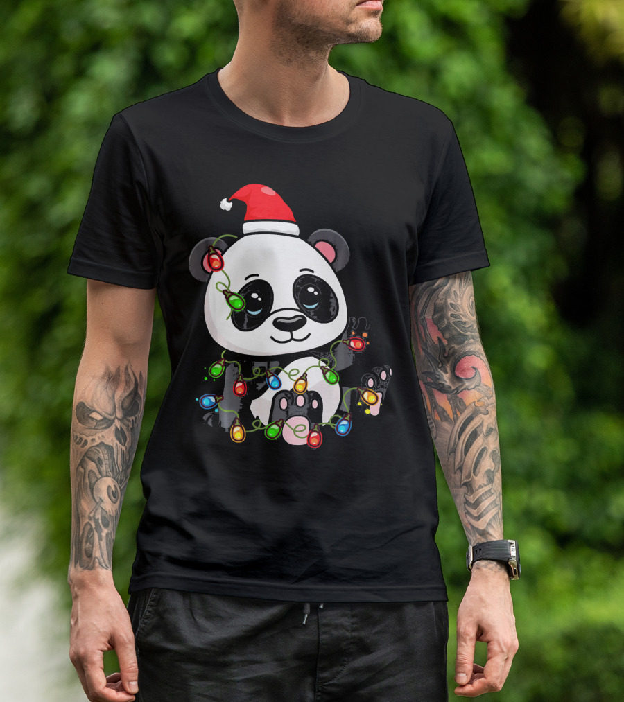 Panda Bear Santa Entangled In Christmas Lights T-Shirt