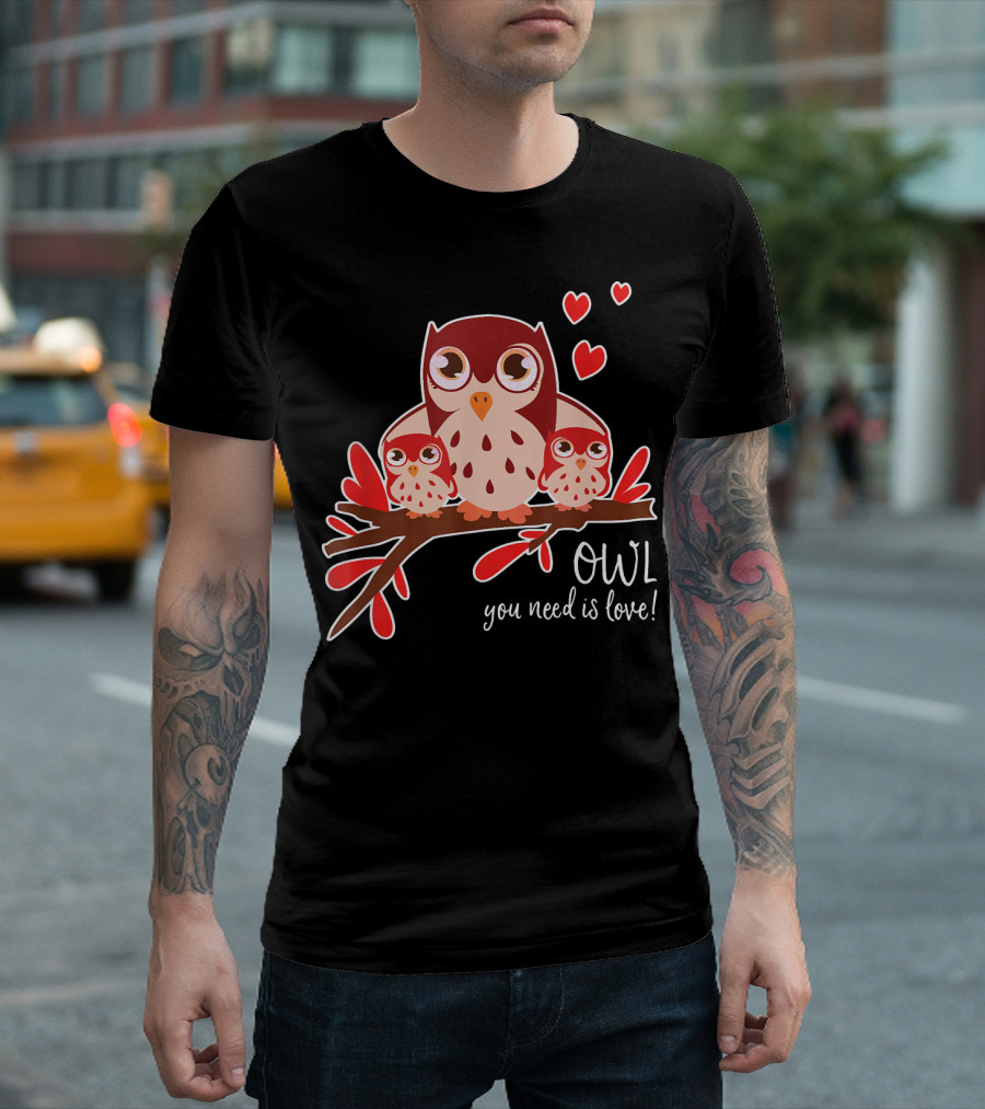OWL You Need Is Love Heart Trio with Owls on Branch T-Shirt