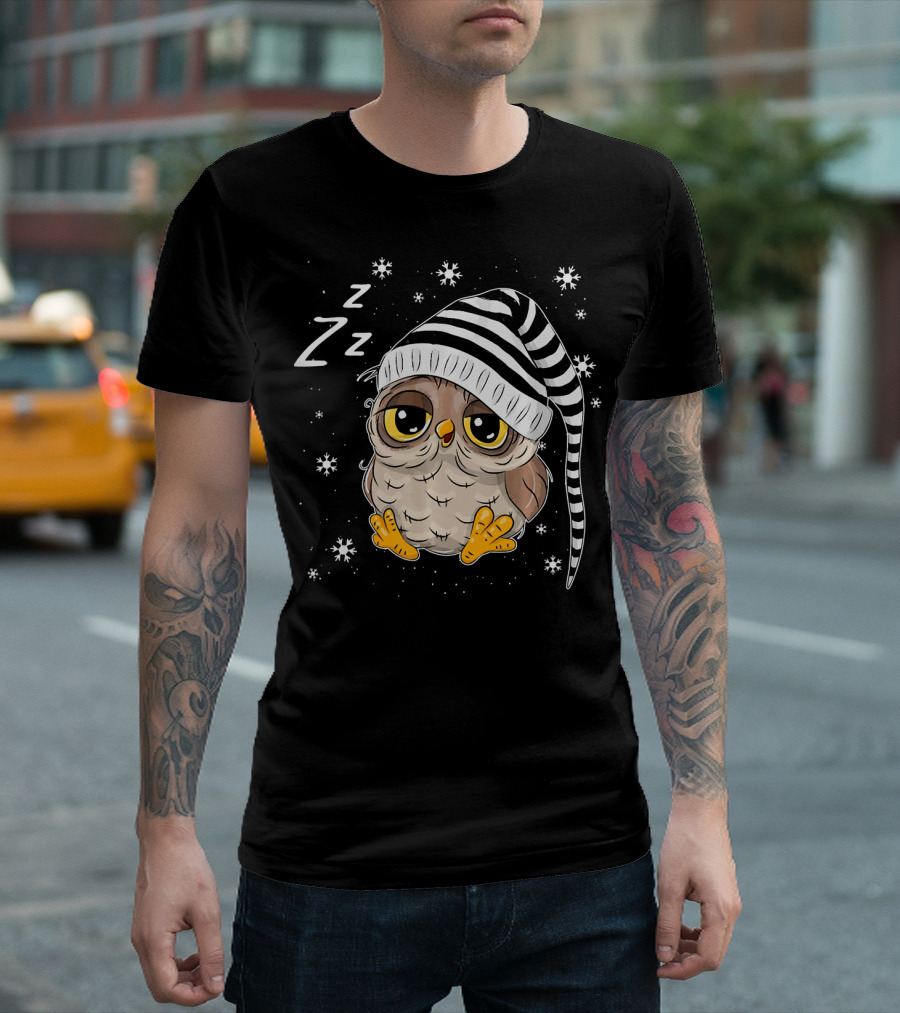 Sleepy Owl Santa Christmas With Striped Hat T-Shirt