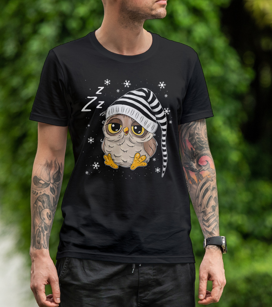 Sleepy Owl Santa Christmas With Striped Hat T-Shirt