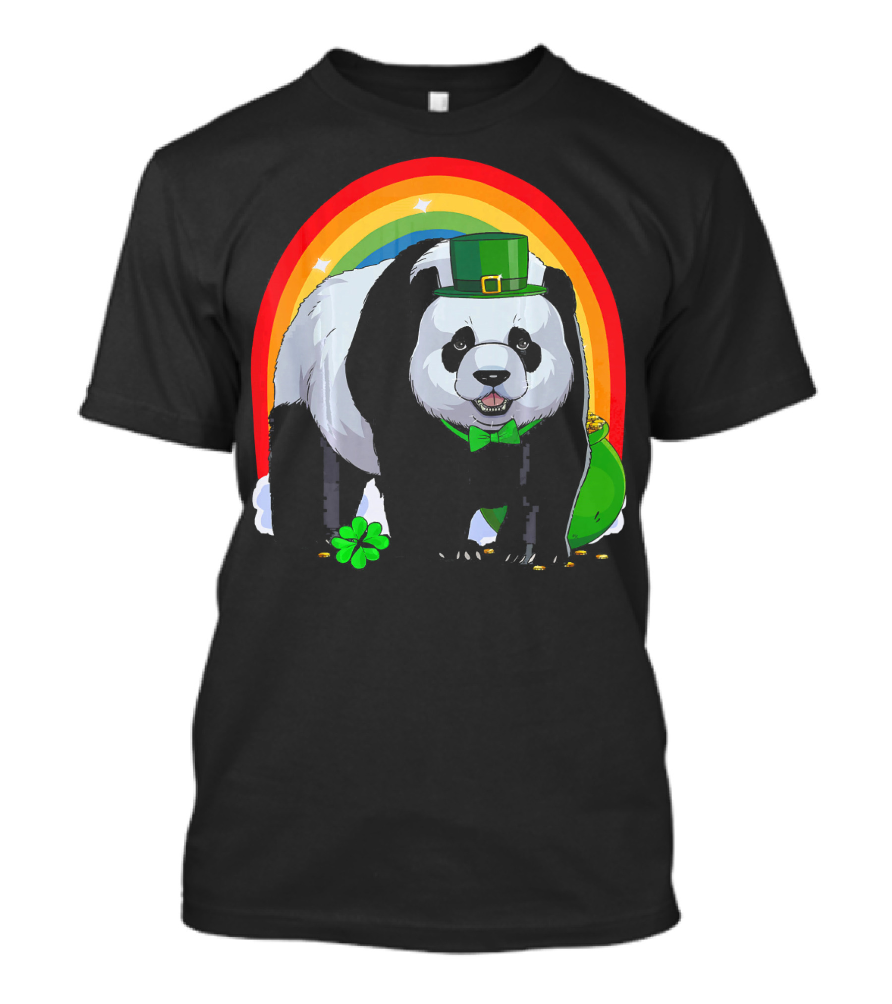 Cute Panda Bear Leprechaun Stands With Rainbow And Shamrock T-Shirt