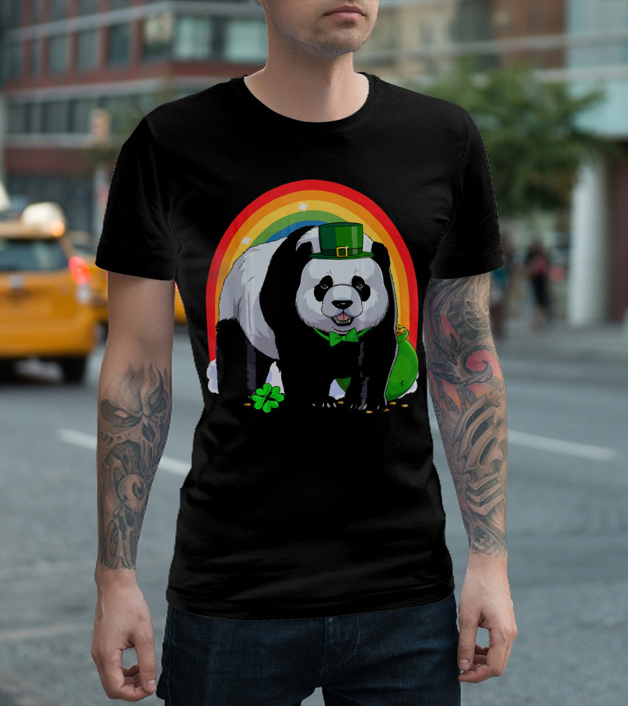 Cute Panda Bear Leprechaun Stands With Rainbow And Shamrock T-Shirt