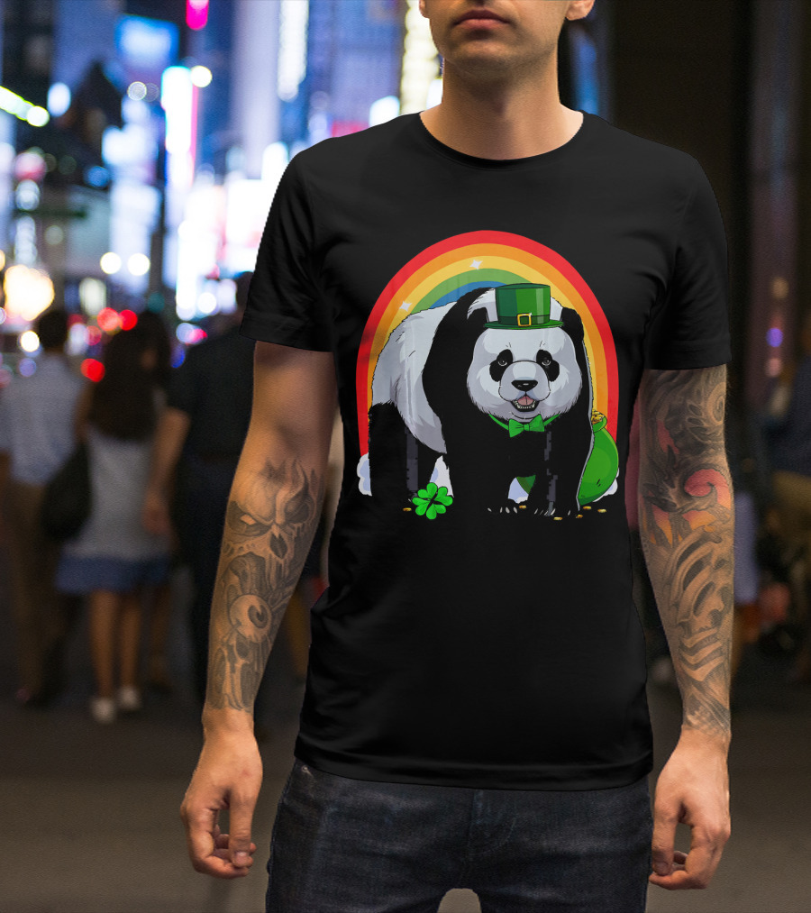 Cute Panda Bear Leprechaun Stands With Rainbow And Shamrock T-Shirt