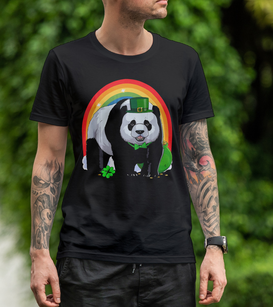 Cute Panda Bear Leprechaun Stands With Rainbow And Shamrock T-Shirt