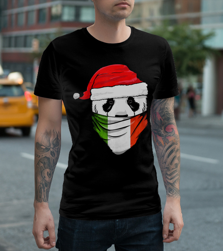 Panda Wearing Santa Hat With Italian Flag Bandana T-Shirt