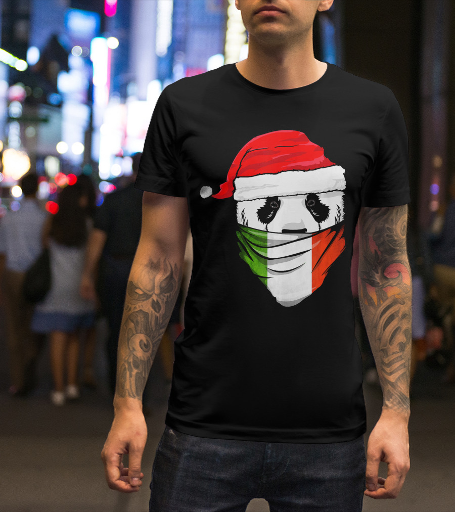 Panda Wearing Santa Hat With Italian Flag Bandana T-Shirt