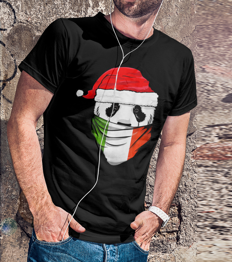 Panda Wearing Santa Hat With Italian Flag Bandana T-Shirt