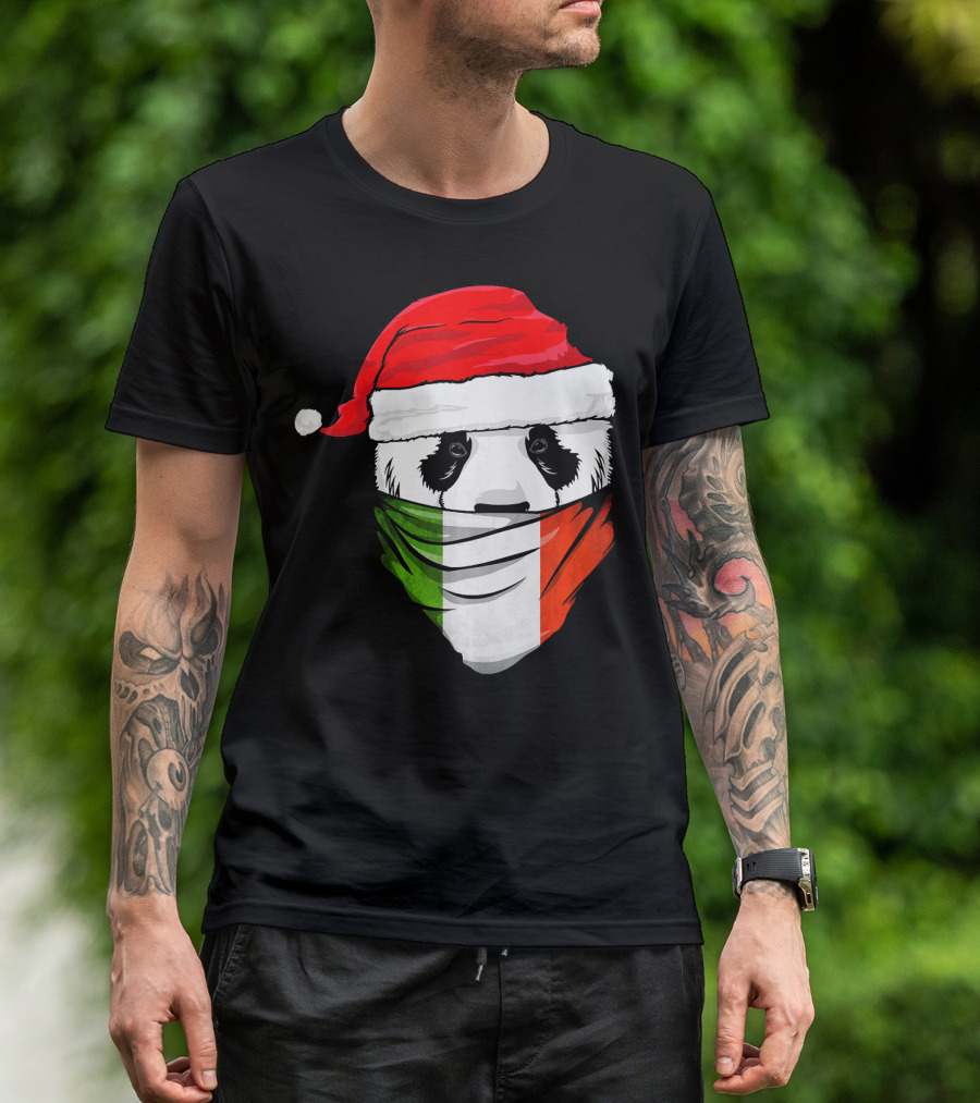 Panda Wearing Santa Hat With Italian Flag Bandana T-Shirt