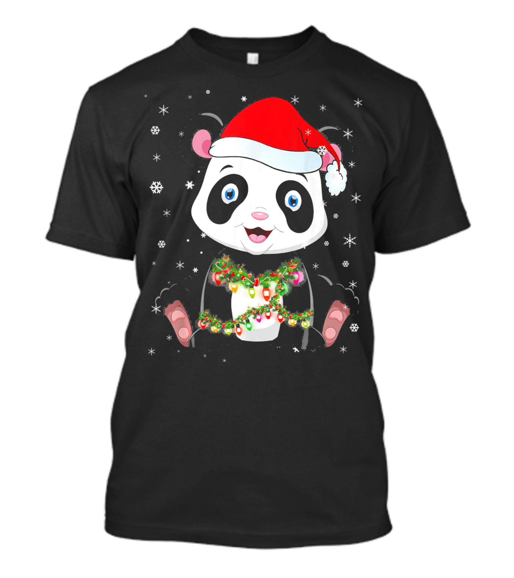 Panda Bear Light Christmas Santa Hat Snowflakes Garland T-Shirt