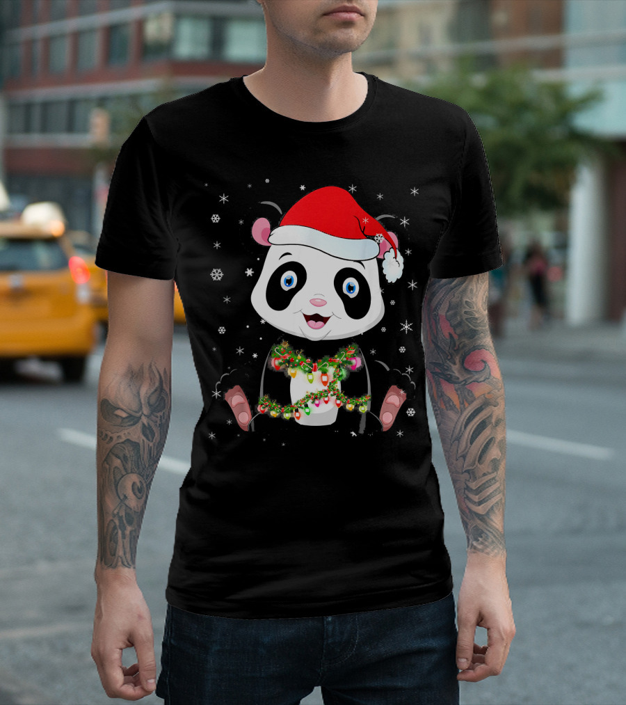 Panda Bear Light Christmas Santa Hat Snowflakes Garland T-Shirt