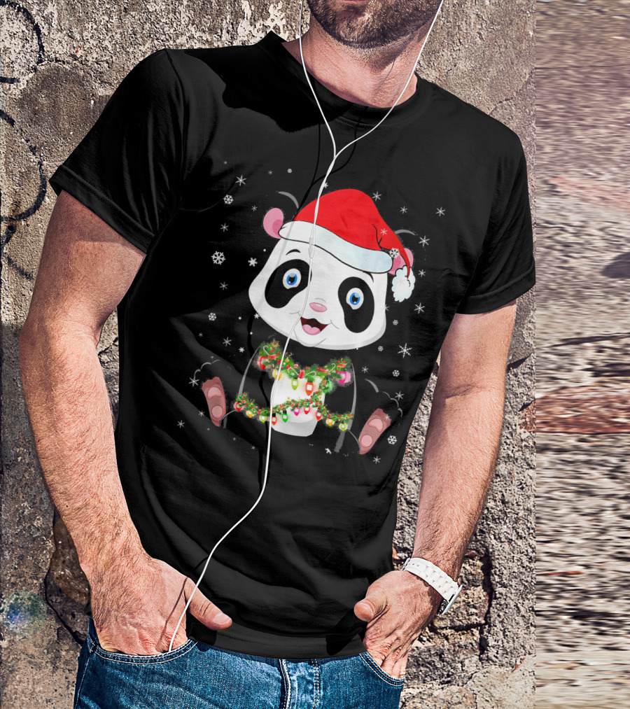 Panda Bear Light Christmas Santa Hat Snowflakes Garland T-Shirt