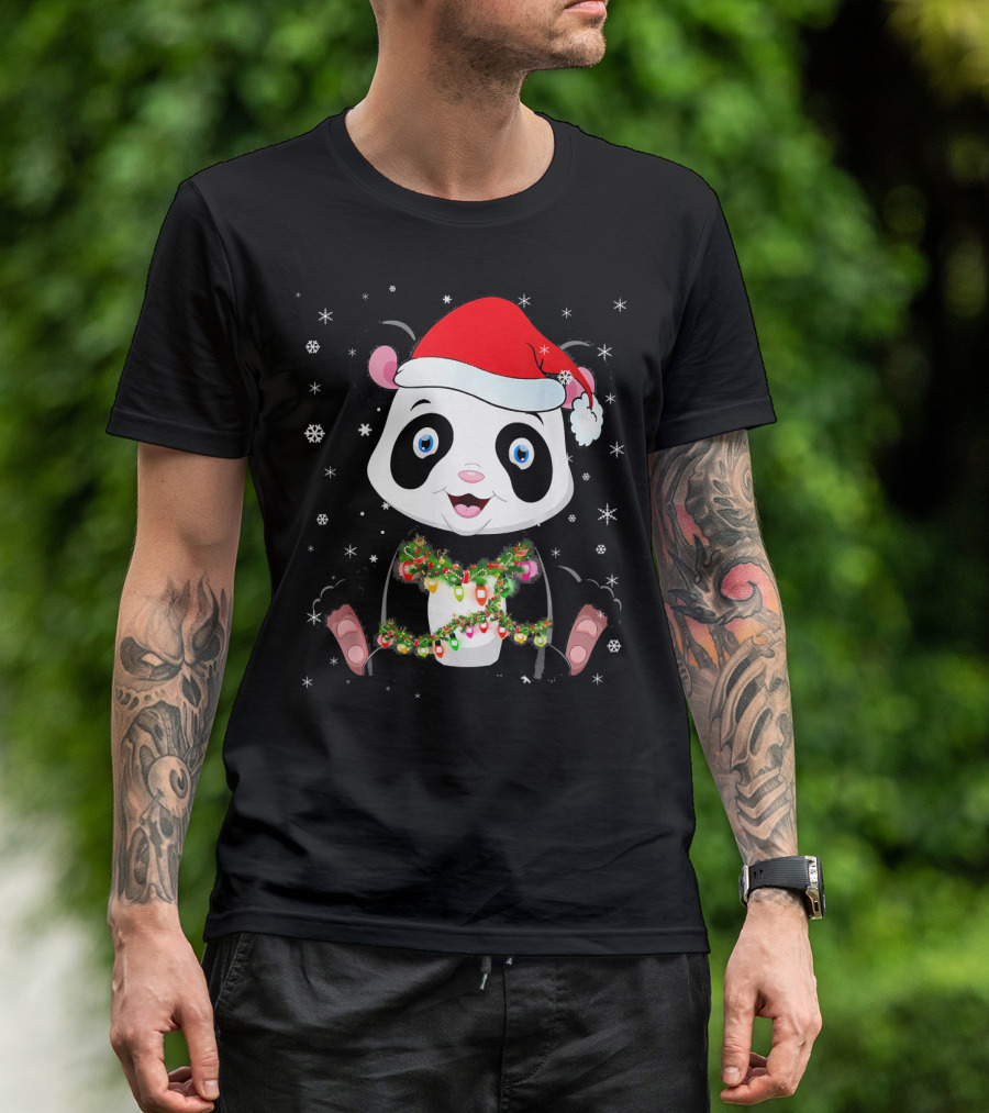 Panda Bear Light Christmas Santa Hat Snowflakes Garland T-Shirt