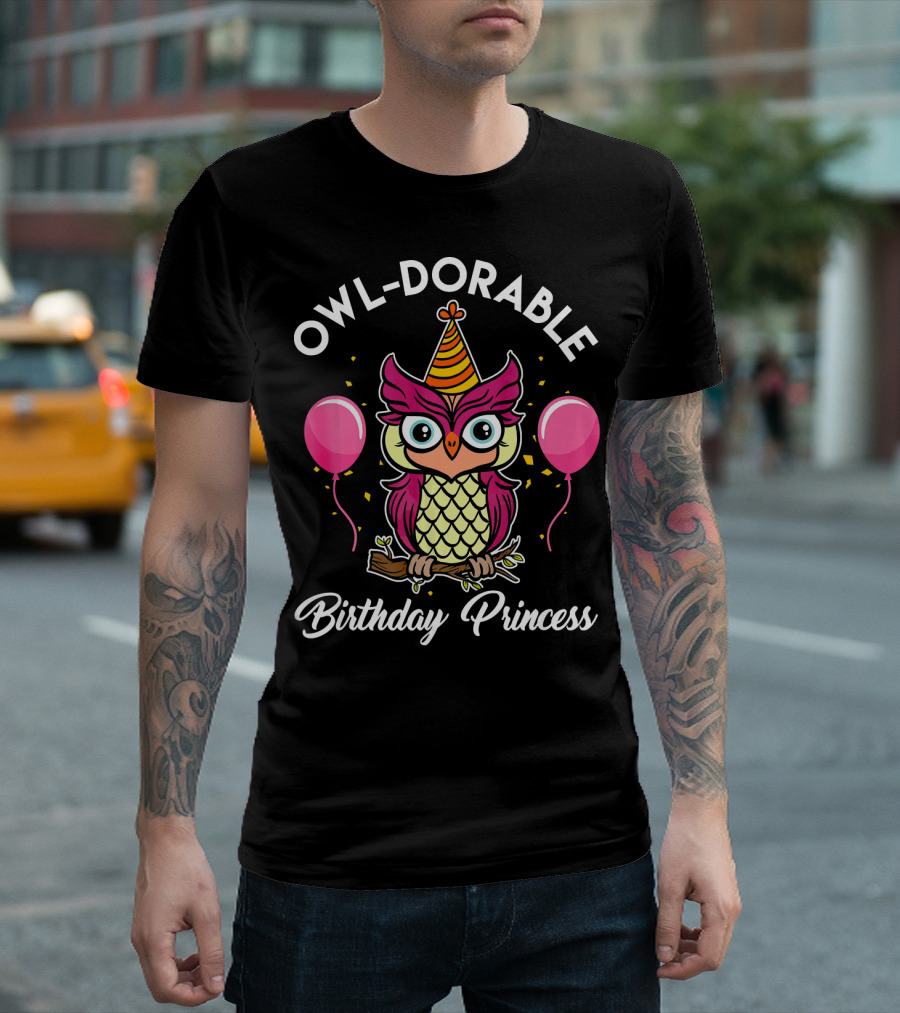 OWL-DORABLE Birthday Princess Owl With Party Hat And Balloons T-Shirt