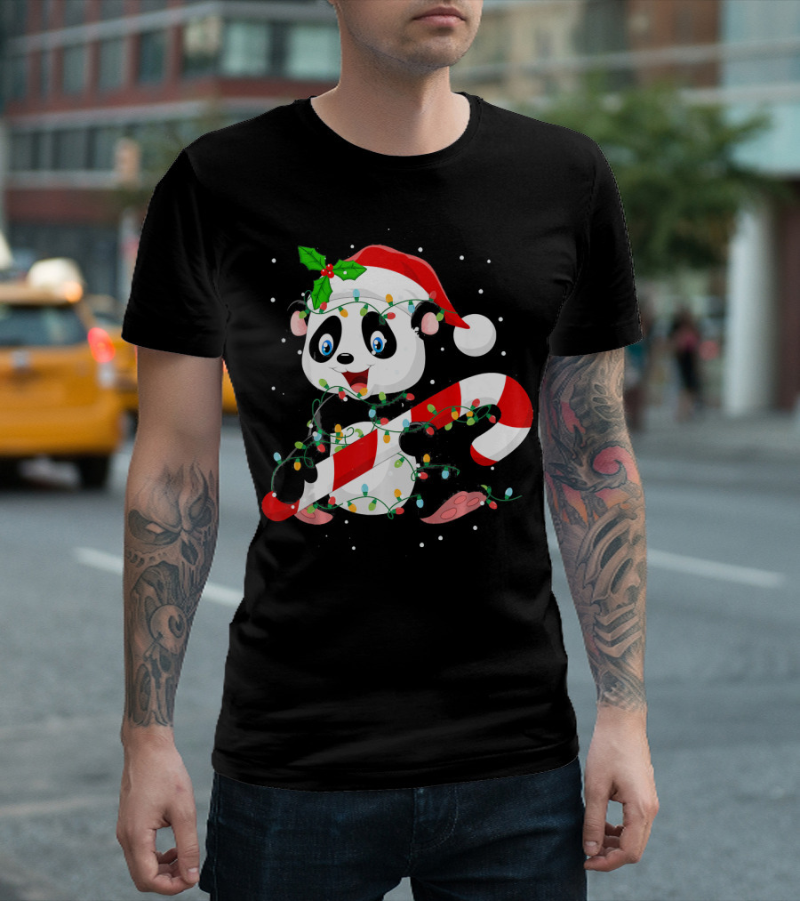Panda Wrapped In Christmas Tree Lights With Santa Hat And Candy Cane T-Shirt