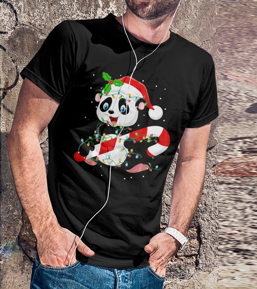 Panda Wrapped In Christmas Tree Lights With Santa Hat And Candy Cane T-Shirt