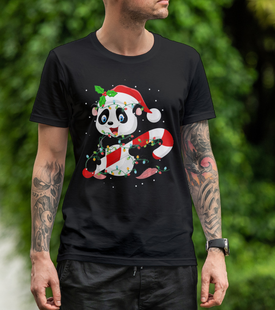 Panda Wrapped In Christmas Tree Lights With Santa Hat And Candy Cane T-Shirt