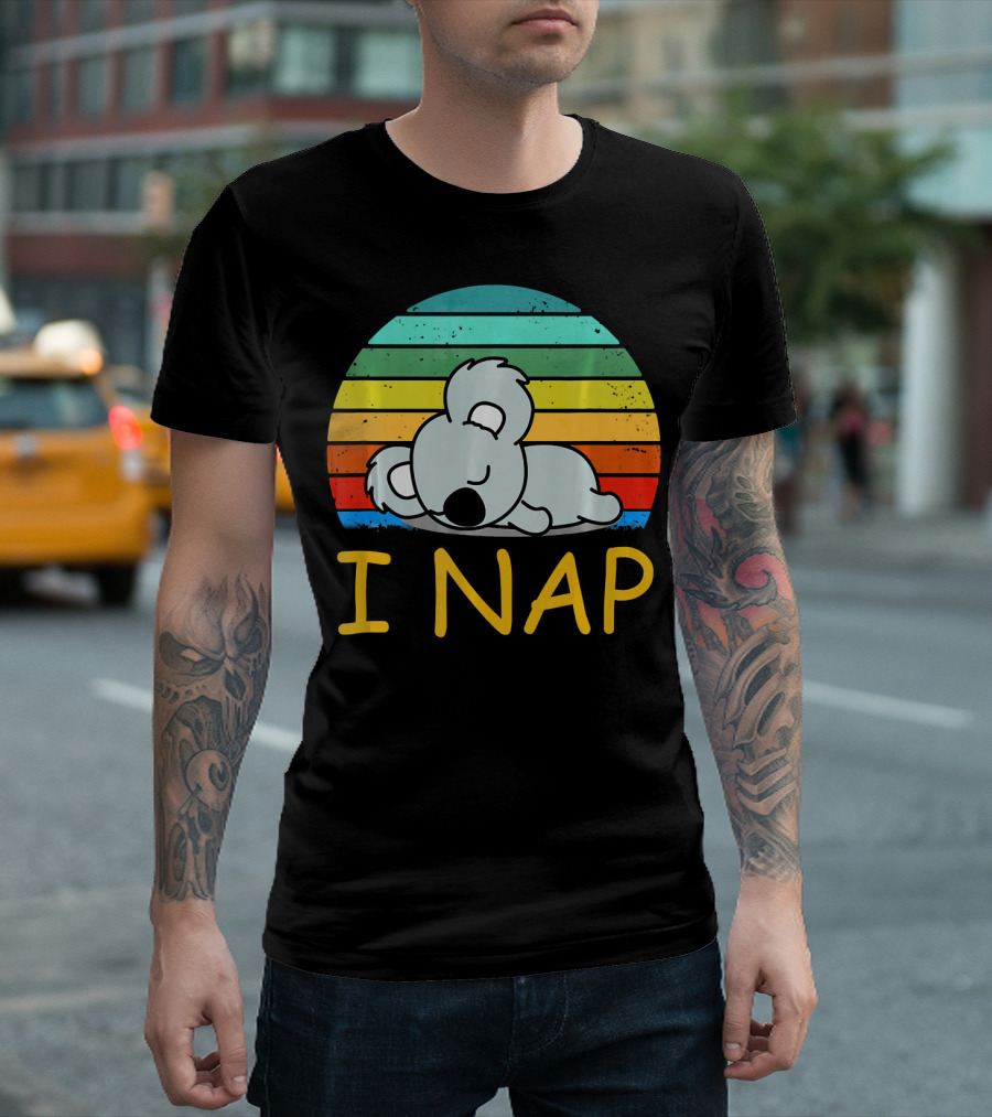 Nope Funny Lazy Koala I Nap Retro Rainbow Stripes T-Shirt