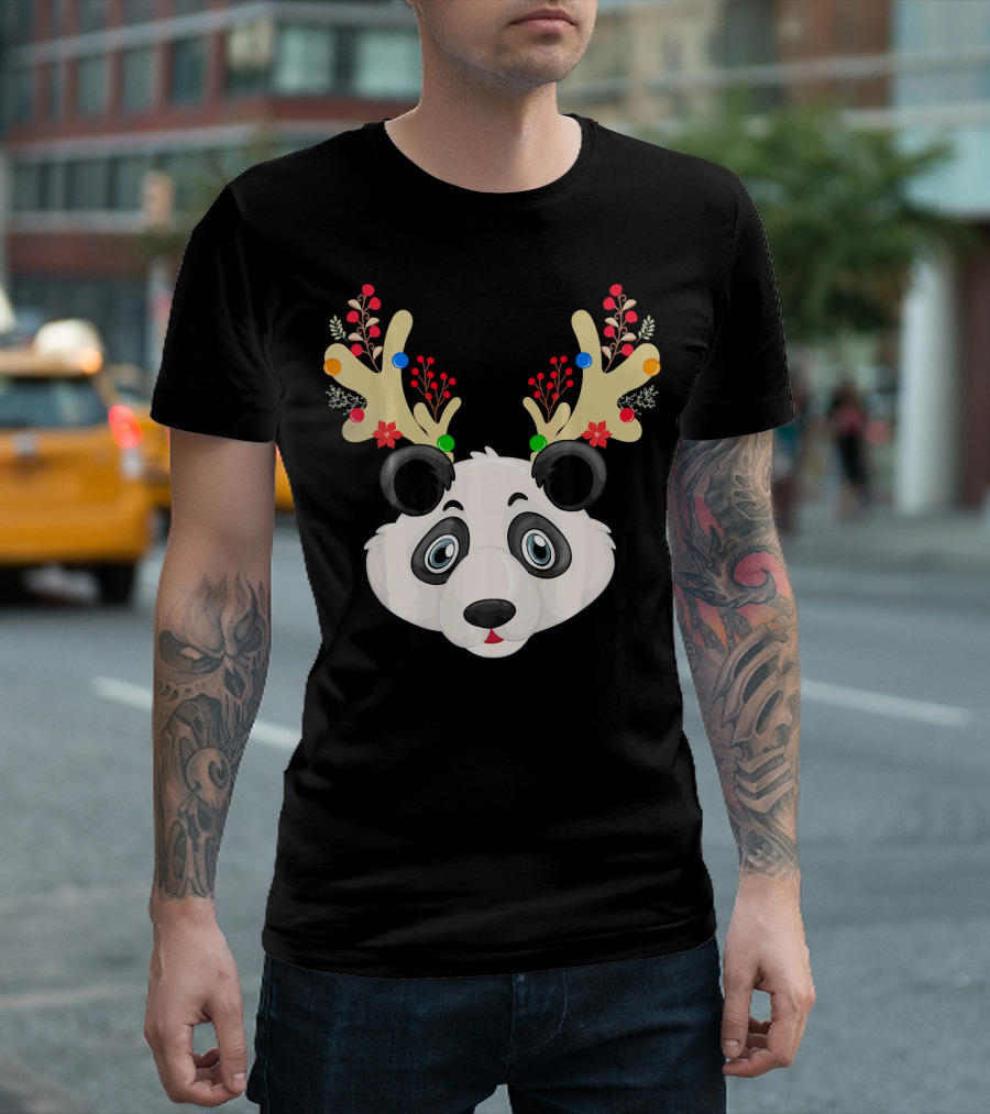 Panda Reindeer Christmas Tree Antler Santa T-Shirt