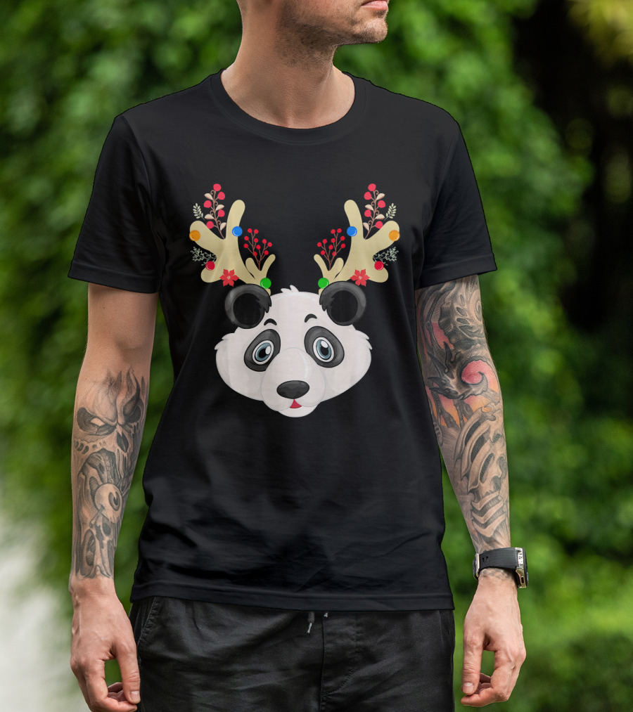 Panda Reindeer Christmas Tree Antler Santa T-Shirt