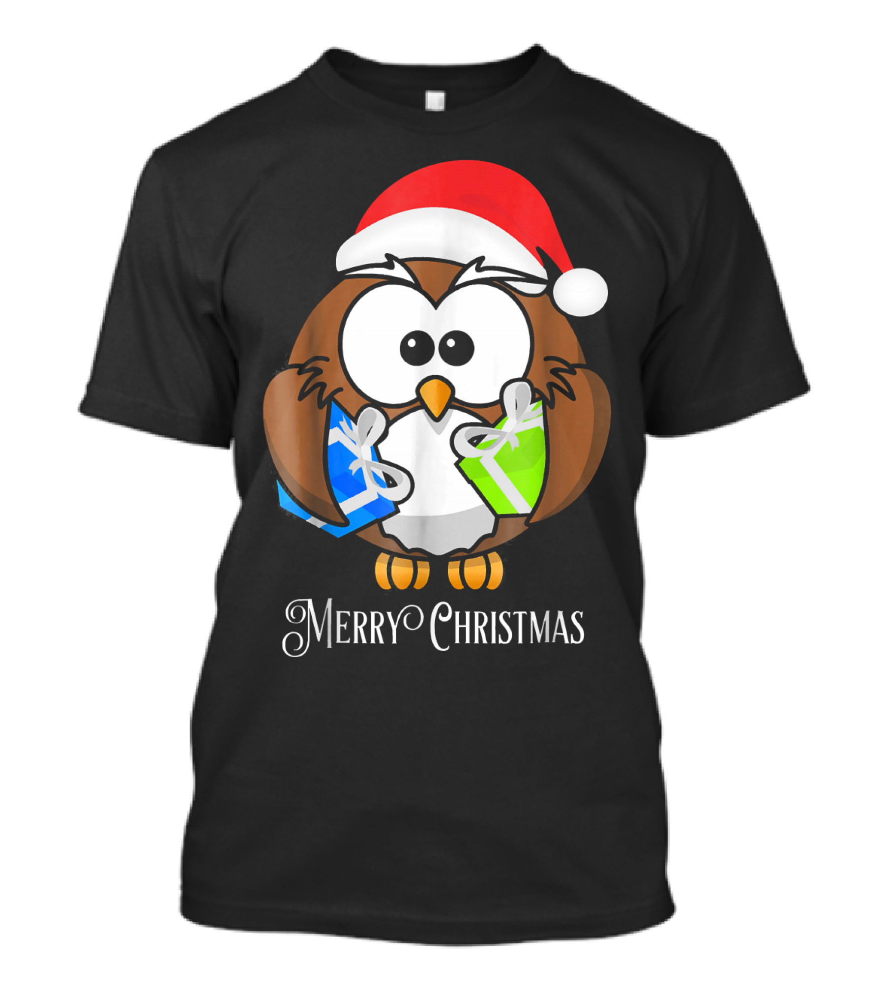 Merry Christmas Owl Santa Hat Holding Gifts T-Shirt