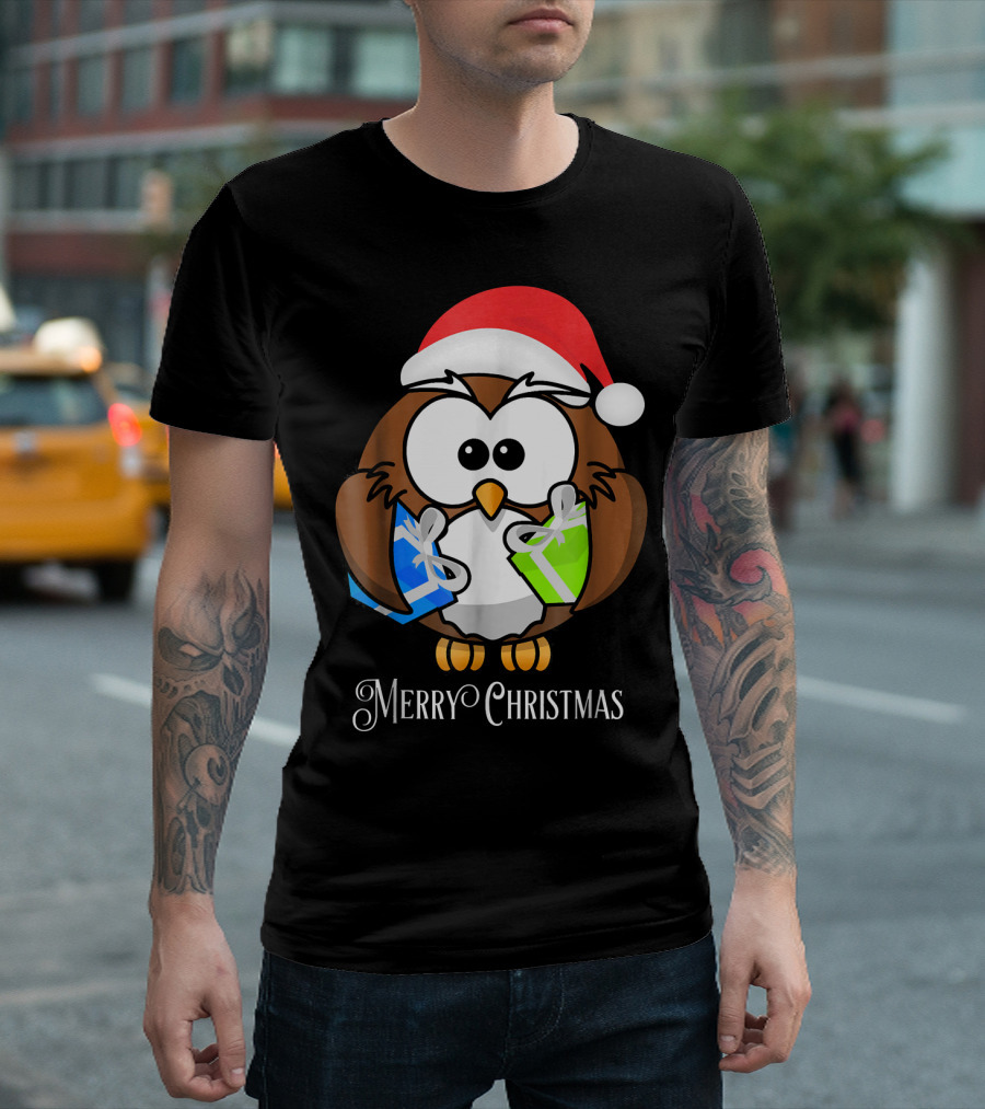 Merry Christmas Owl Santa Hat Holding Gifts T-Shirt