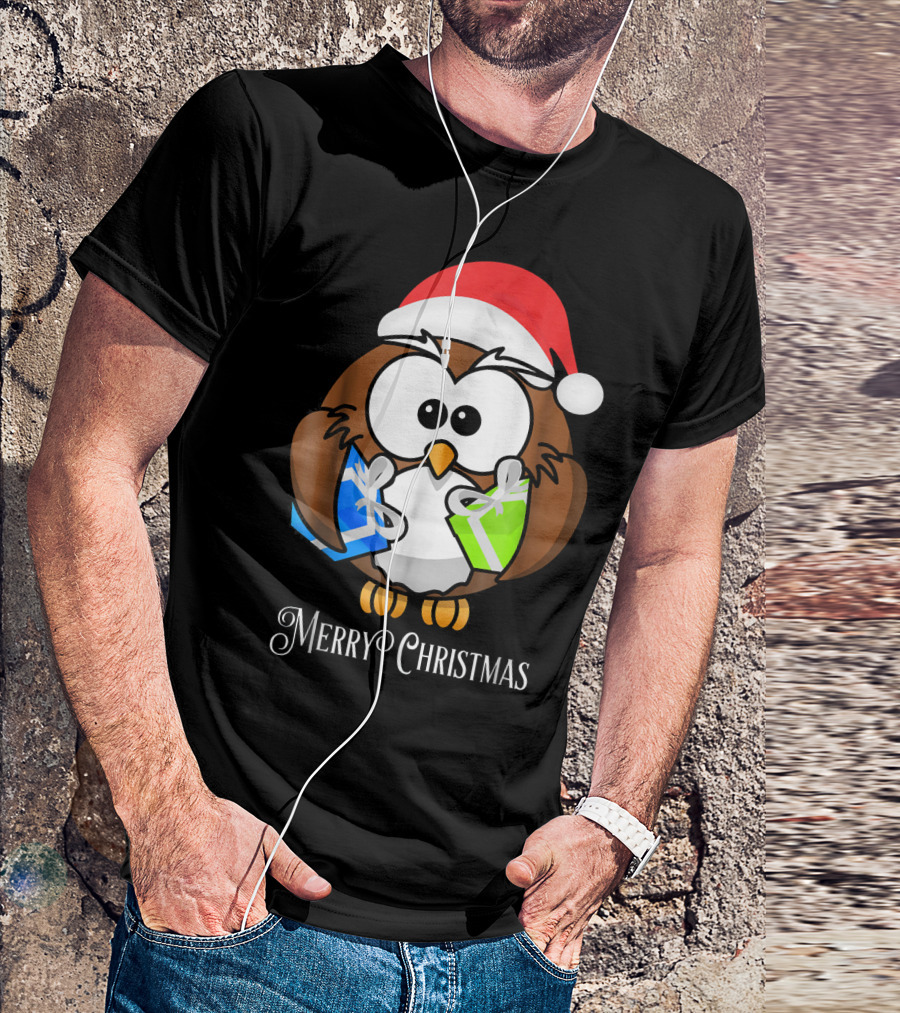 Merry Christmas Owl Santa Hat Holding Gifts T-Shirt