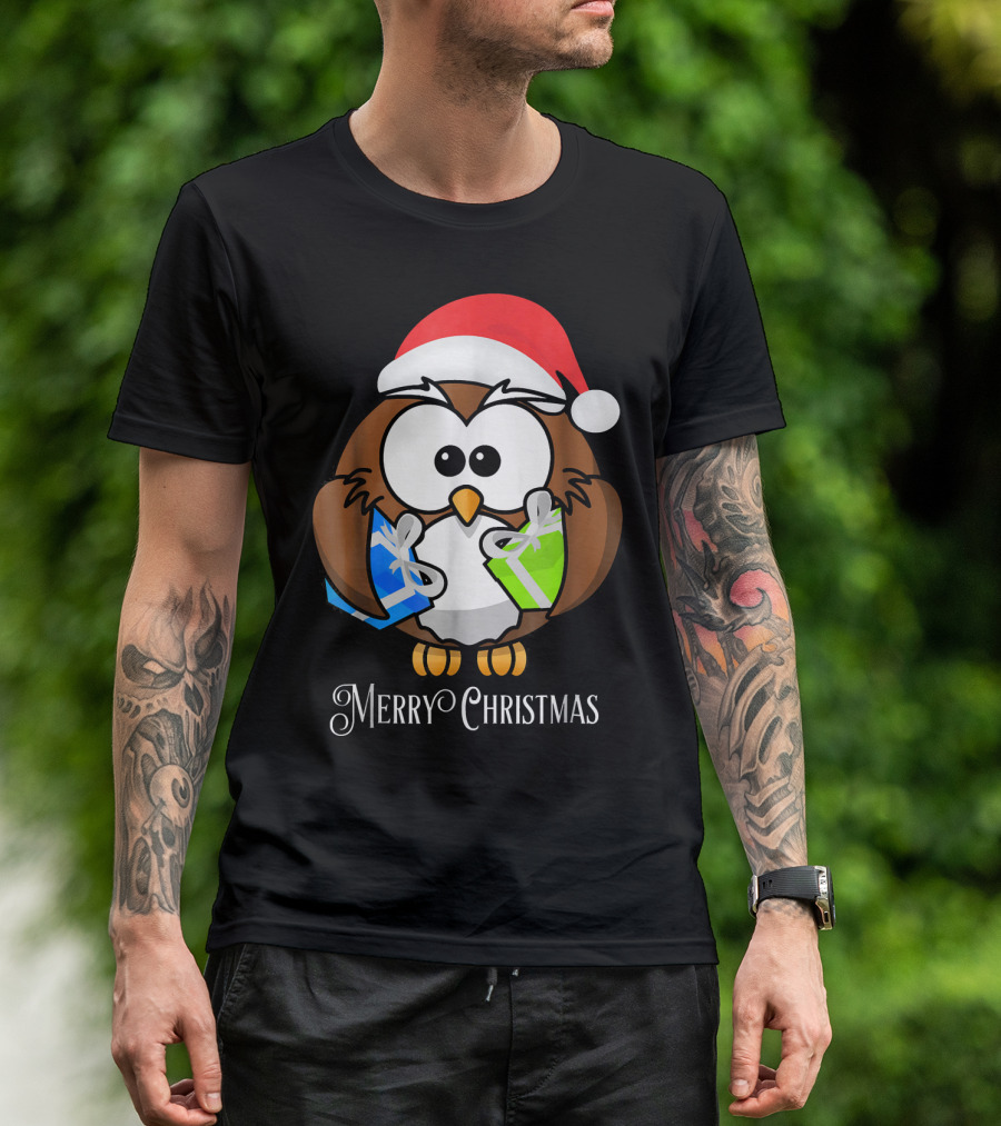 Merry Christmas Owl Santa Hat Holding Gifts T-Shirt
