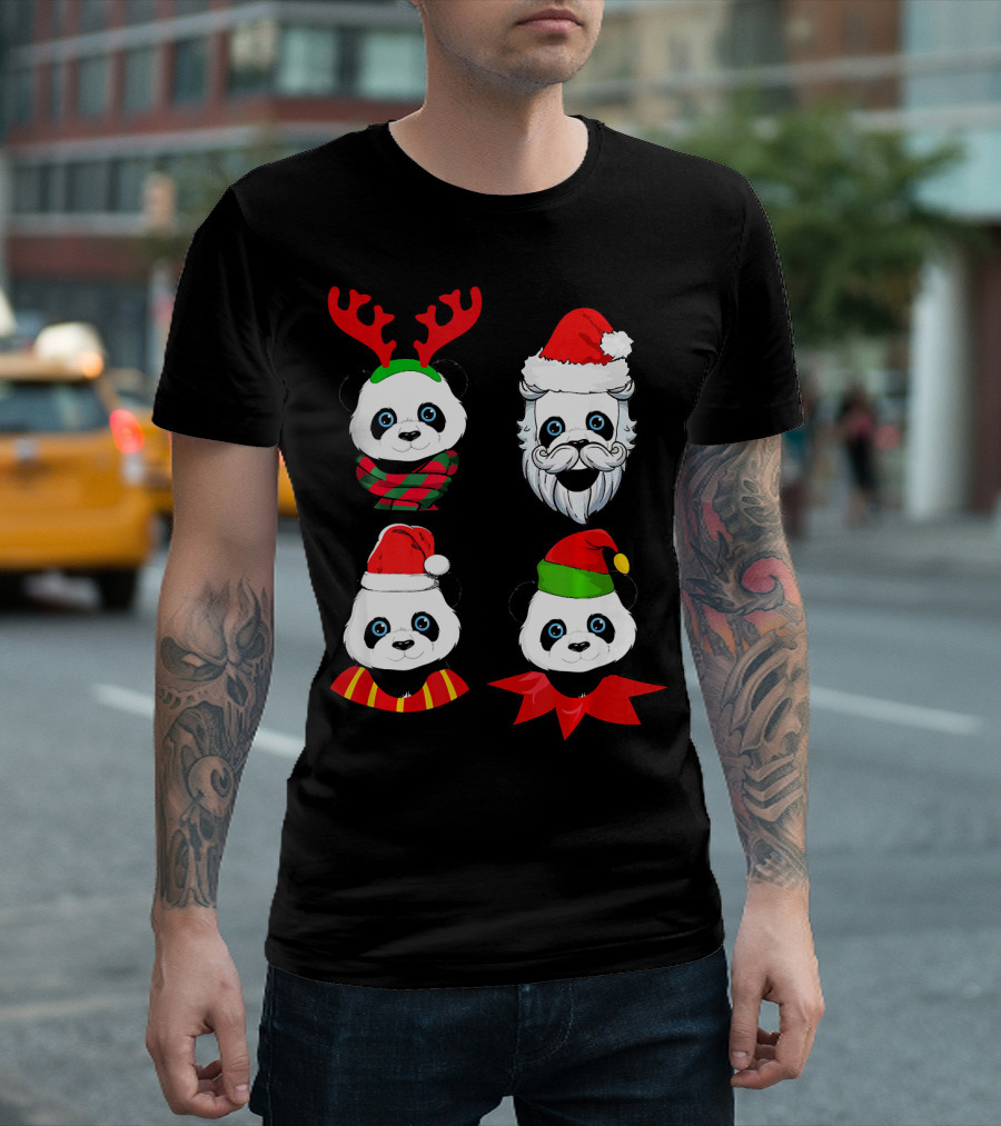 Panda Christmas Reindeer Santa Elf Faces T-Shirt