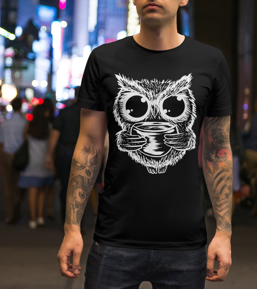 Owl Drinking Coffee Big Eyes Funny Nocturnal Bird T-Shirt