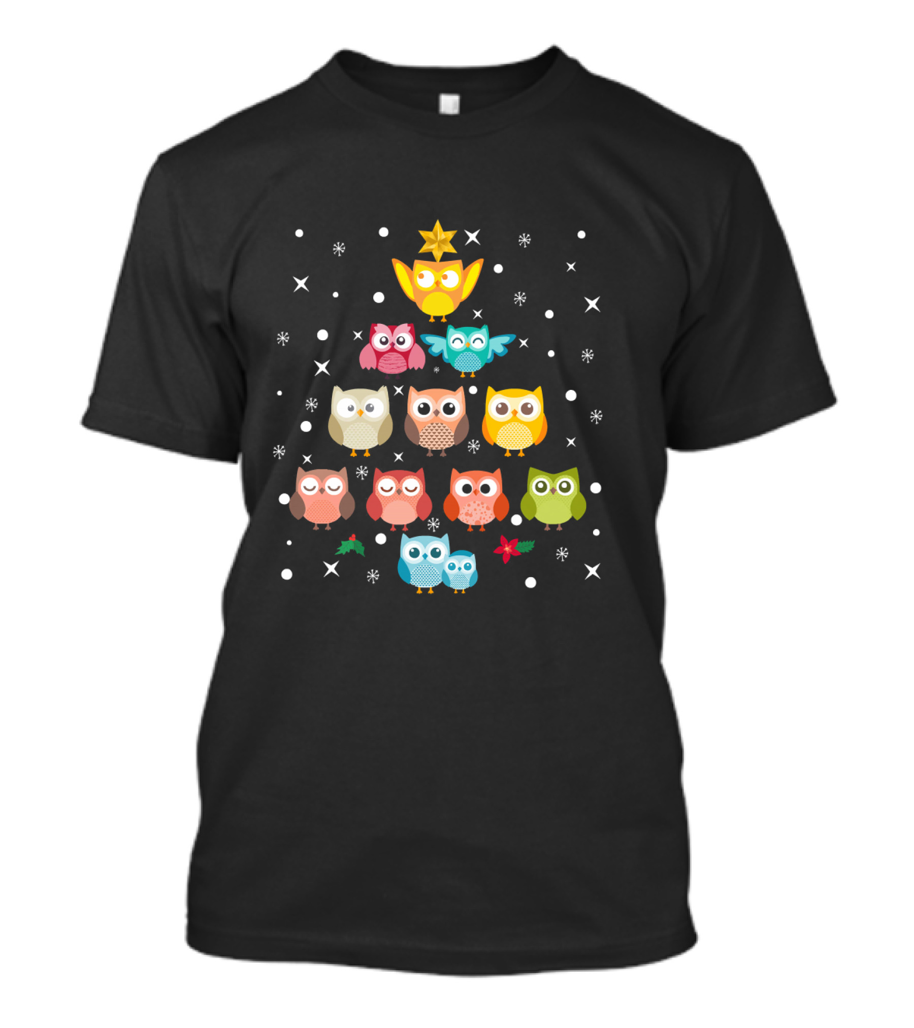Christmas Tree Owls With Snowflakes And Stars T-Shirt